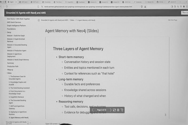 Workshop slide listing short-term, long-term and reasoning memory with their contents