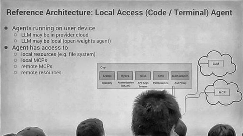 Slide showing Ory components between a local agent, an LLM, and MCP servers