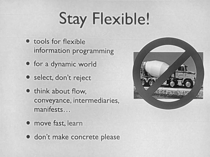 Slide titled Stay Flexible with six bullets beside a crossed-out cement mixer