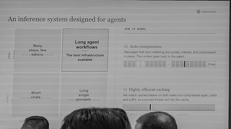 Slide with a workload matrix and two mechanisms, auto-compression and efficient caching