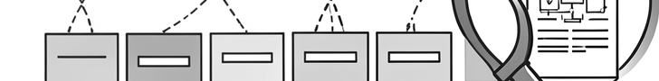 Line-art of a horizontal ledger of commit rectangles with dashed genealogy lines above, a geometric retrieval probe on the right selecting cells that reassemble into a compact structured protocol document
