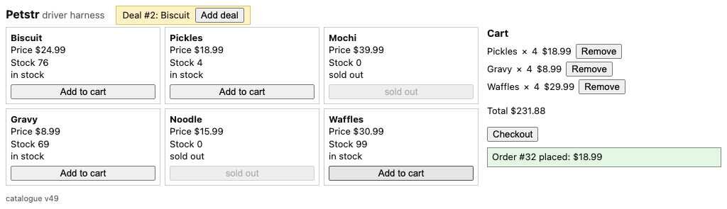 The shop before the mutant: six pets, a cart of Pickles, Gravy and Waffles at 29.99, catalogue v49