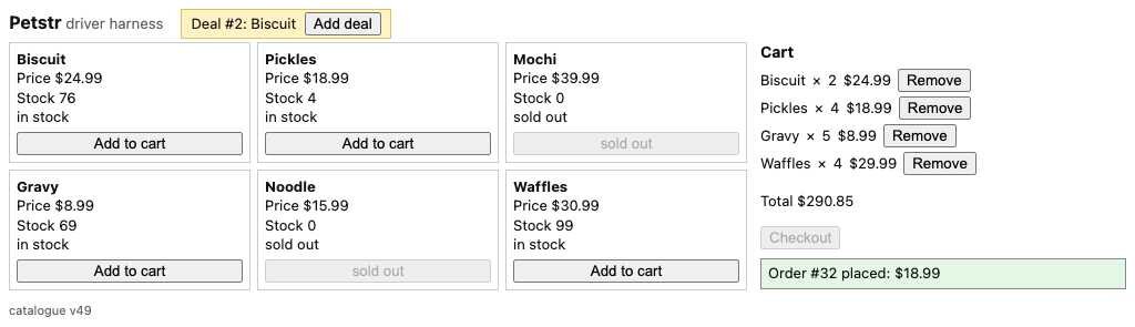 The first violating state: cart total 290.85 with Waffles quoted at 29.99, catalogue shows 30.99, checkout in flight