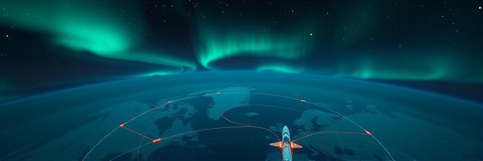 Flight tracking banner — polar projection with aurora borealis and great circle route