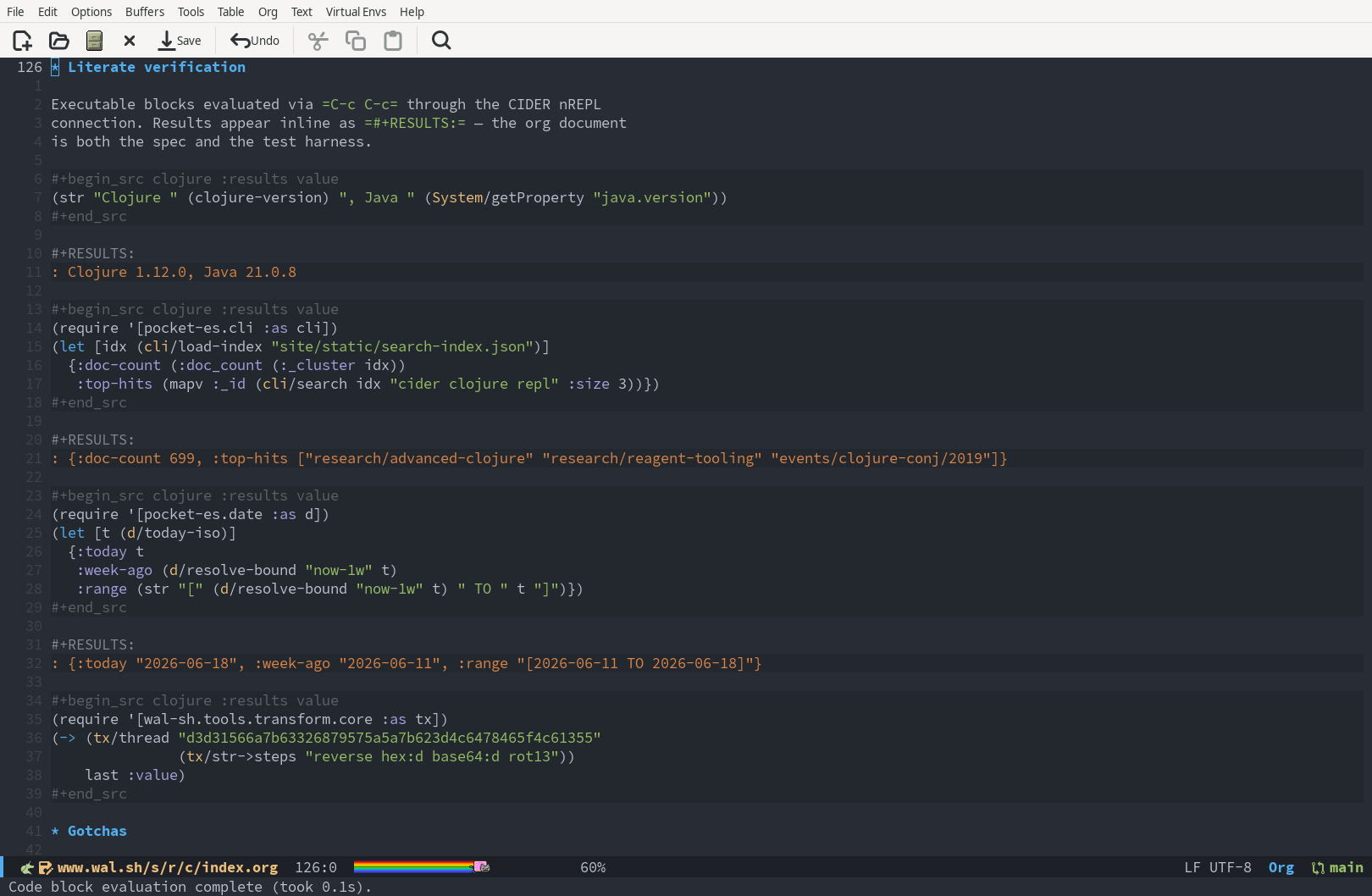 Emacs 30.2 org-mode with CIDER 1.22 — Clojure src blocks with inline evaluation results and nyan-mode
