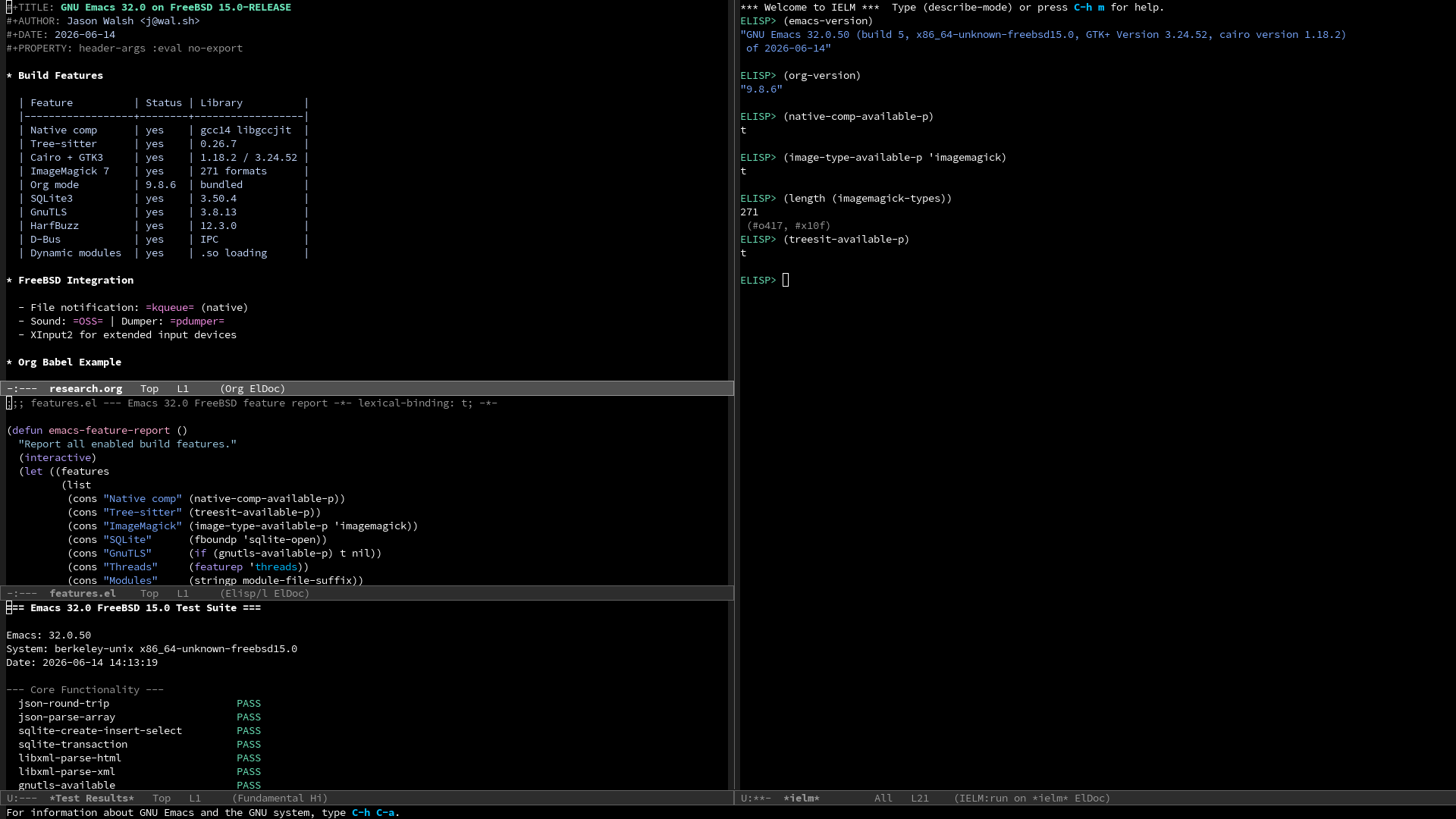 GNU Emacs 32.0.50 on FreeBSD 15.0 — four panes: org-mode research note, IELM REPL with feature checks, elisp feature report, and 43/43 test results