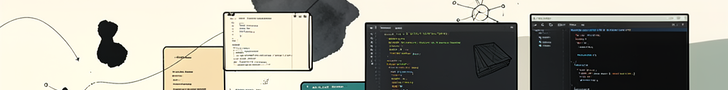 wal.sh site banner — abstract personal-research-archive aesthetic with terminal windows, code blocks, and notebook silhouettes